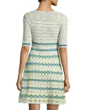 Half-Sleeve Round-Neck Knit Dress, White/Green