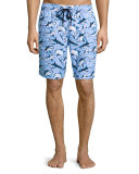 Okoa Shark-Print Swim Trunks, Blue