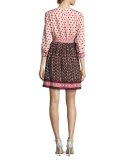 3/4-sleeve smocked floral tile dress, multicolor