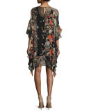 3/4-Sleeve Floral-Print Ruffled Silk Shift Dress, Black