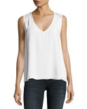 Pearl Sleeveless Lace-Trim Crepe Top, White