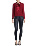 Irma Satin-Trim Necktie Blouse