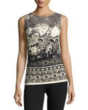 Sleeveless Ruched Batik Scuba Top, Black/White