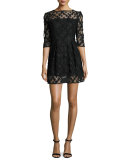 Celia Bateau-Neck Half-Sleeve Embroidered Minidress, Black