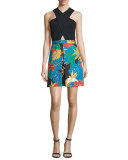 Ali Crossover Floral-Trim Ponte Dress, Black/Multicolor