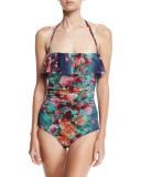 Floral-Print Tulle Ruffle One-Piece Bandeau Swimsuit, Blue