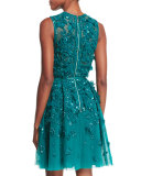 Sleeveless Embroidered Tulle Cocktail Dress, Emerald