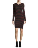 Long-Sleeve Striped Henley Jersey Dress, Rust/Black