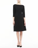3/4-Sleeve Boat-Neck A-Line Dress, Black