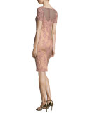 Short-Sleeve Embroidered Sheath Dress, Mauve