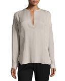 Long-Sleeve Embroidered Stretch-Silk Blouse