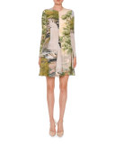 Long-Sleeve Landscape-Print Swing Dress, Multi