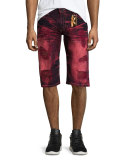 Distressed & Bleached Denim Shorts, Red