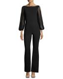 Daul Sheer-Sleeve Flare-Leg Jersey Jumpsuit, Black