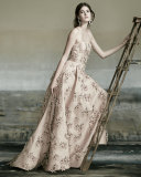 Sleeveless 3D Floral-Embellished Gown, Nude