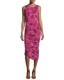 Sleeveless Ruched Rose-Print Dress