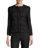 Raffia Tweed 3/4-Sleeve Jacket, Black