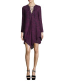Long-Sleeve Lace-up Swing Dress, Midnight/Multicolor