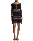 Long-Sleeve Striped Rib-Stitched Mesh-Knit Dress, Petal