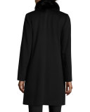 Fox-Trim Wool Button-Front Coat, Black