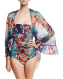 Floral-Print Tulle Ruffle-Trim Sarong Coverup, Blue