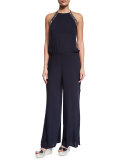 Hand-Embroidered Split Wide-Leg Jumpsuit