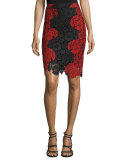 Farrel Floral-Lace Pencil Skirt, Black/Red