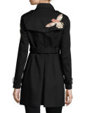Double-Breasted Trench Coat w/ Embroidered Hummingbirds, Nero
