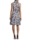 Butterfly Belted Sleeveless Shirtdress, Black/White/Blue