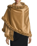 Asymmetric Cashmere Wrap w/ Rabbit Fur, Camel