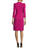 3/4-Sleeve Puff-Shoulder V-Neck Dress, Fuchsia