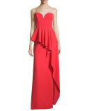 Asymmetric Peplum Strapless Sweetheart Gown, Tomato