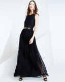 sleeveless embellished-waist maxi dress, black