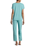Zen Floral Lace-Trim Pajama Set, Blue Shell