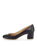 Scalloped Leather Block-Heel Pump, Navy