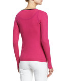 Contrast-Trim Long-Sleeve Cashmere Cardigan, Geranium