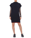 Long-Sleeve Mesh-Overlay Top, Navy