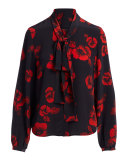 Floral Silk Satin Tie-Neck Blouse, Black/Red
