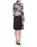 Long-Sleeve Mixed-Print Shirtdress, Lavender/Black