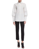 Pouf-Sleeve French-Cuff Blouse, White