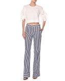 Striped Straight-Leg Cotton Pants, White/Blue