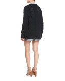 Marled Cable-Knit Long-Sleeve Cardigan, Navy