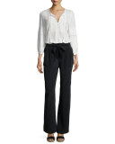 Mei Embroidered Silk Peasant Top, White