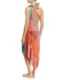 One-Shoulder Two-Tone Coverup Dress with Fringe Trim, Multicolor