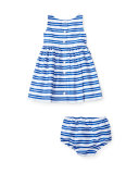 Sleeveless Smocked Striped Poplin Dress w/ Bloomers, Blue, Size 6-24 Months