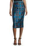 Brushstroke Rectangle-Print Pencil Skirt, Azure