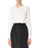 Floral-Cuff Bateau-Neck Blouse, Ivory