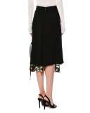 Floral-Hem Tie-Side Midi Skirt, Black