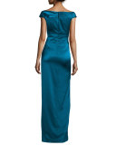 Cap-Sleeve Ruched Column Gown, Peacock