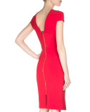 Cap-Sleeve Pleated Sheath Dress, Red